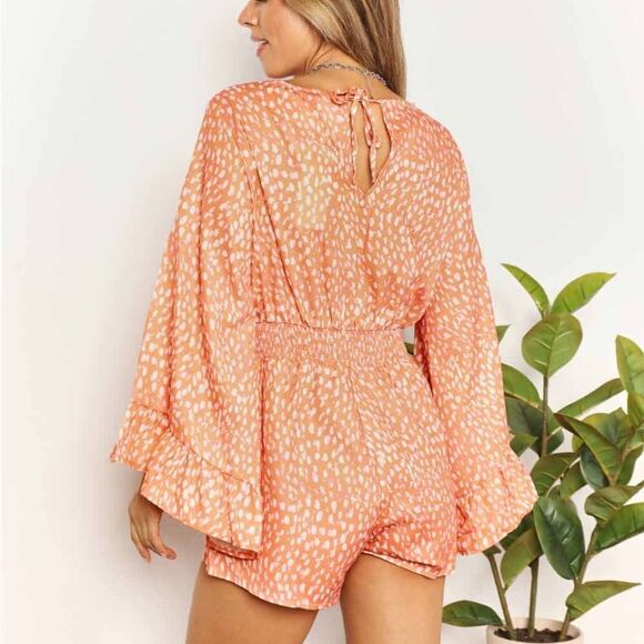 <<3/$30>> Vibrant Retro  Flare Sleeve Surplice Orange White Romper sz L - Picture 5 of 5